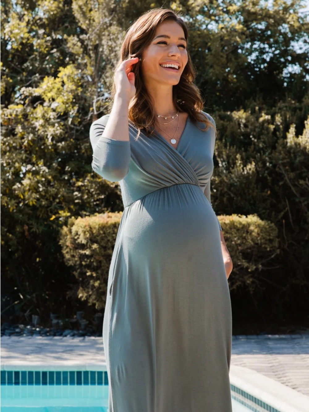 MATERNITY‎ MAXI DRESS Wrapped Ruched V Neck BABY SHOWER Medium SAGE GREEN Medium
